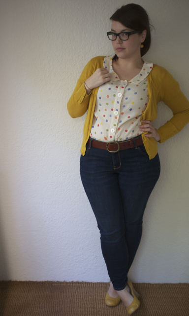 confetti top with jeans and cardigan